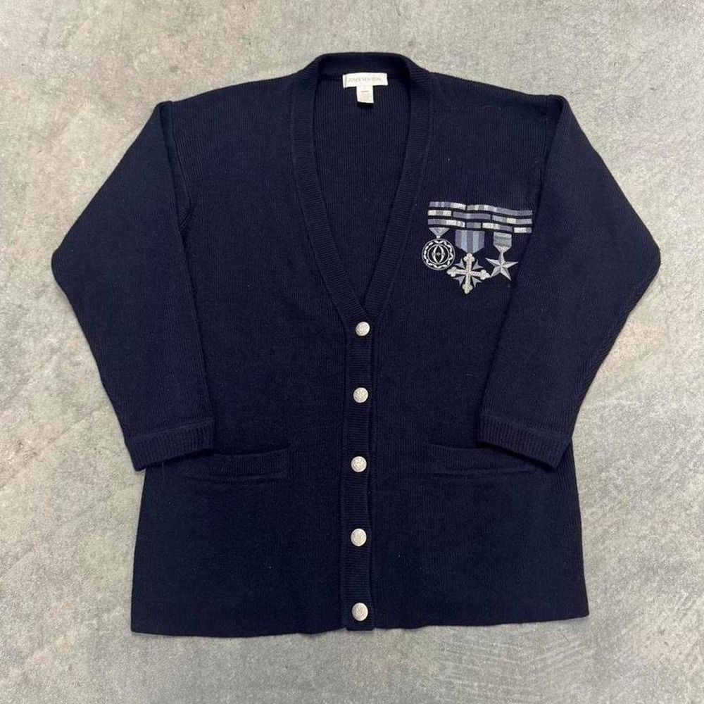Vintage Men's Lambs Wool Cardigan Sweater Acrylic Academia Gothic Navy Small